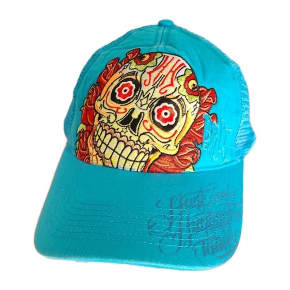 Hart & Huntington Cap Skull Rose Turquoise Blue Snapback Trucker Hat vintage
